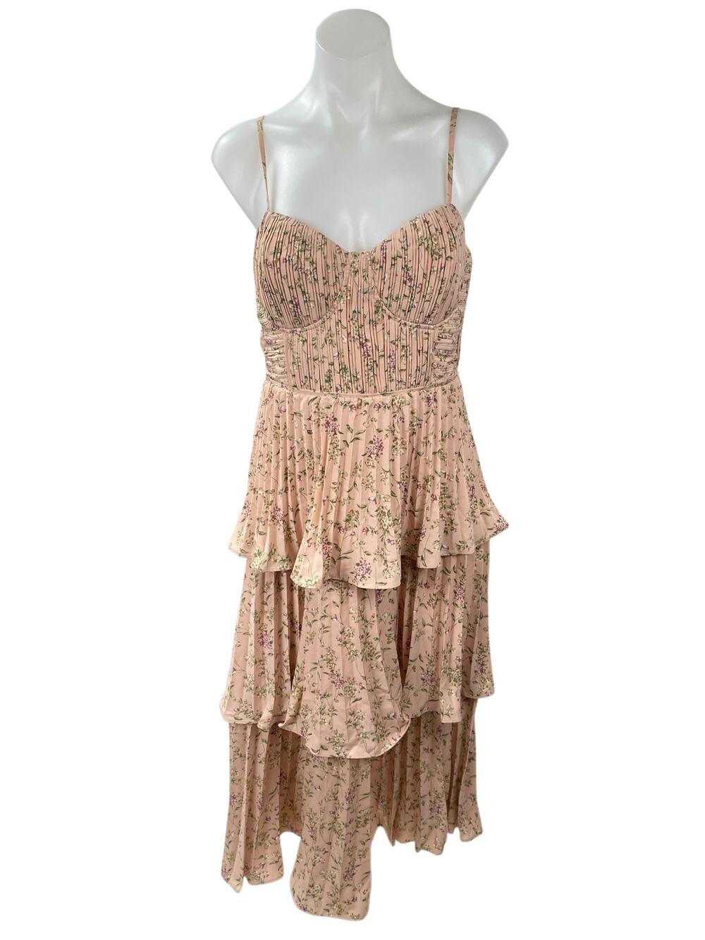 Lulus Cascading Crush Floral Sleeveless Cami Tank Bustier Tiered Midi Dress Sz M